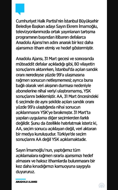 16 Haziran 2019 Anadolu Ajansı, İmamoğlu'nu kınayan bir açıklama yaptı.
