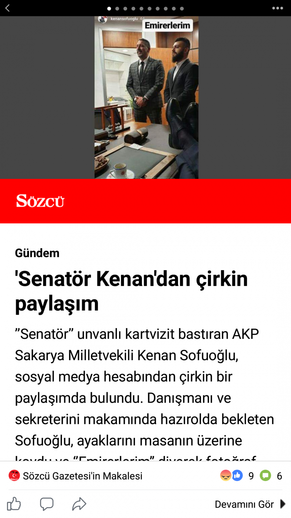 Kenan Sofuoğlu'nun Meclis'te ki makamında,masaya ayaklarını uzatıp danışmanlarını "emirerlerim" açıklamasıyla fotoğrafını yayınladı.