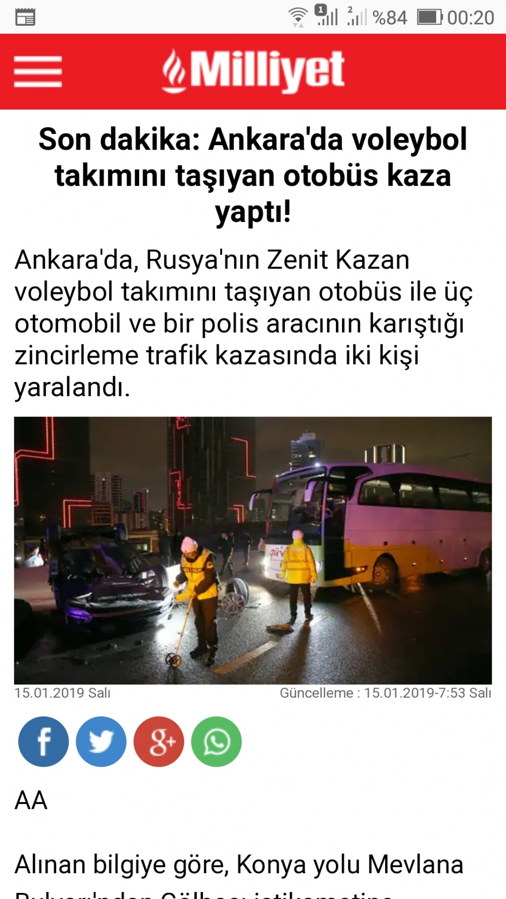 Ankara'da voleybol takımını taşıyan otobüs kaza yaptı