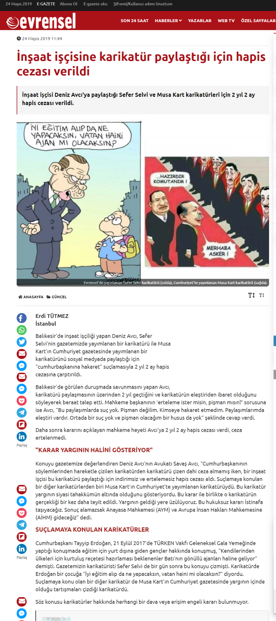 Recep Tayyip Erdoğan karikatürü paylaşan inşaat işçisine hapis cezası şoku!