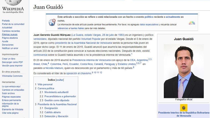 Wikipedia Venezuella başkanını muhalif lider Guaido olarak değiştirdi.