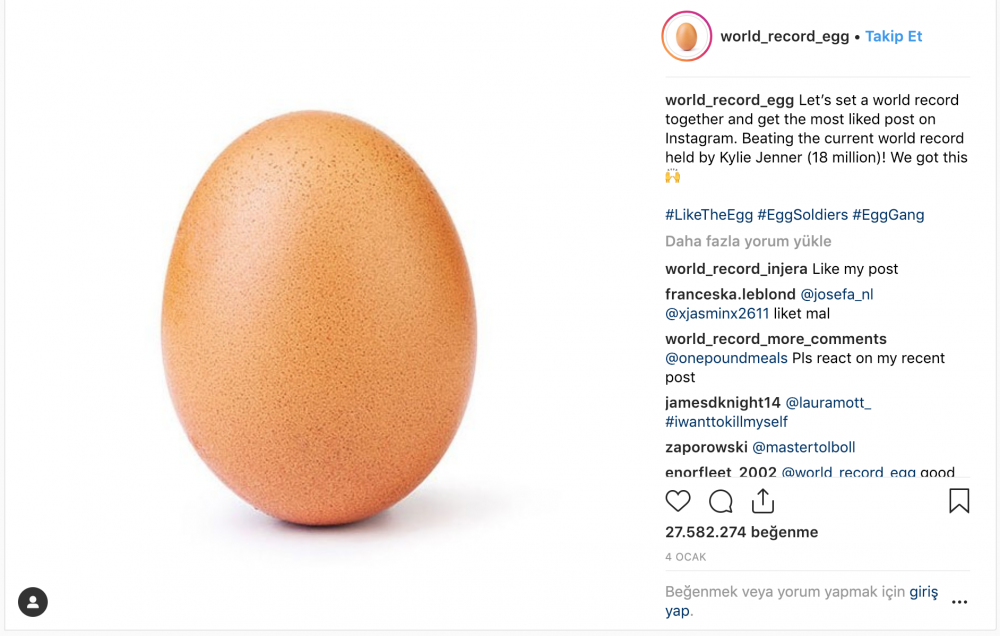 İnstagram'da 27.5 milyon beğeni alan yumurtayı gördünüz mü?