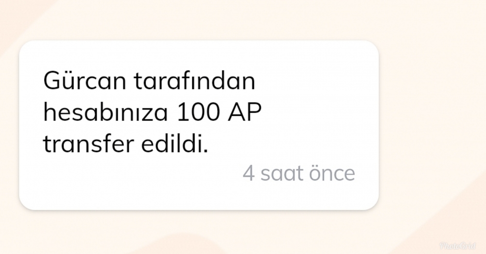 @Gürcan arkadaşım da bana 100 AP transfer etti. Kendisine teşekkürlerimi sunuyorum.
