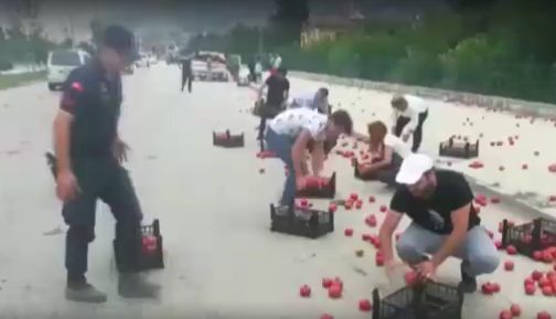 Amasya'da domatesleri yola dökülen 70 yaşındaki amcaya yoldan geçenler yardım etti.
